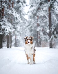 A dog in a snowy forest.  A tri-colored dog stands in a snow-covered path, looking forward.  Winter scene with snow-covered trees