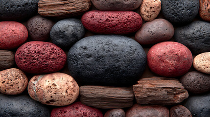 Colorful round and rough stones tightly packed for a natural texture background