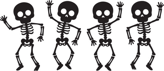 Four dancing black cartoon skeletons with arms raised vector eps illustration

