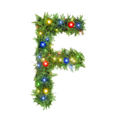 Christmas tree adorned with lights, letter F hanging on a branch