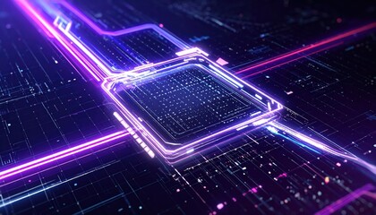 Electronic circuit board design showcases a central processor unit amidst a network of interconnected pathways and glowing lines, rendered with vibrant purple and magenta hues creating a sense of...