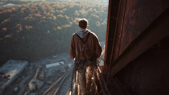 Industrial climber stands on narrow steel platform high above construction site, safety harness and gear visible as he looks out over autumn forest valley
