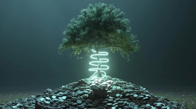 Conceptual image of a strong tree growing from a pile of coins, with a glowing upward arrow wrapped around its trunk, symbolizing financial growth, smart investment, wealth building, and long-term pro