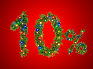 The number 10 percent sign,decorated with festive Christmas lights