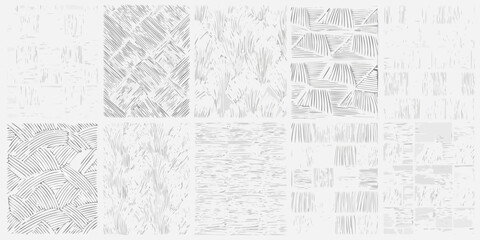Collection of abstract grayscale textured patterns and backgrounds with hand drawn lines and strokes
