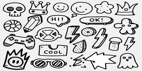 Collection of hand drawn doodle icons including a skull crowns smiley faces and gaming elements