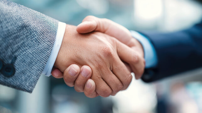 Close-up of two hands in business attire engaged in a handshake against a blurry background