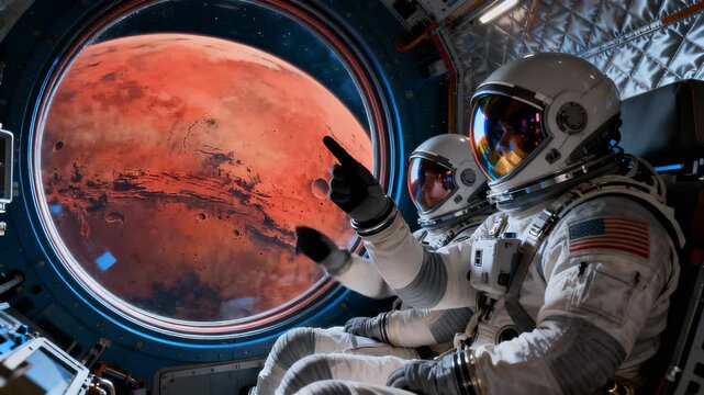 Two astronauts in white spacesuits observe Mars through circular spacecraft window. One astronaut points toward planet's surface. Detailed view of Mars with craters and geological features visible