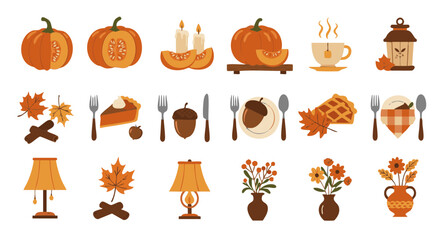 Vector icons set pumpkin table autumn still life thanksgiving