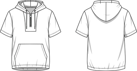 Pullover flat sketch, fashion CAD drawing, vector illustration, technical apparel design, hooded top, short sleeves, half zip, kangaroo pocket, curved hem © Asif's Creatives