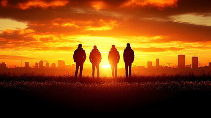 Silhouette of four people watching sunset over cityscape