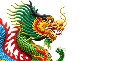 Vibrant colorful chinese dragon statue against white background