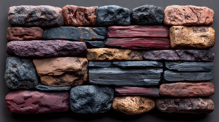 Colorful stacked stone veneer panel on a dark background for design texture