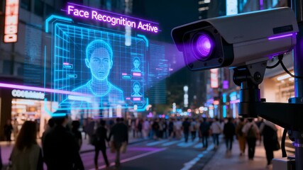 Advanced security system analyzing pedestrian activity through high-tech facial recognition technology in metropolitan nighttime environment with holographic data visualization. - Powered by Adobe