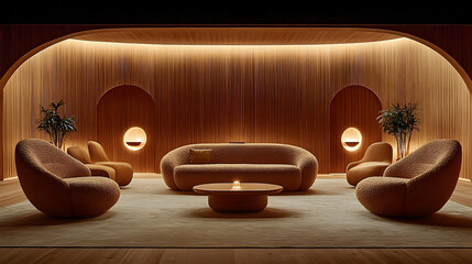 Warm toned interior design with curved sofa and armchairs