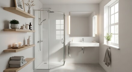 Bright Bathroom Interior with Shower, Shelves, and Window Light