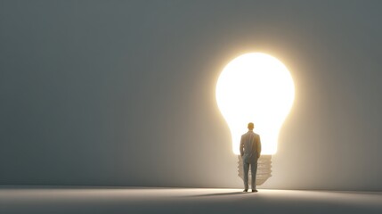 Obraz premium business man looking at bright light bulb in the wall concept no logos no brands ar 169