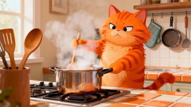 Frustrated ginger cat aggressively stirring pot on vintage gas stove, creating dramatic cooking scene with rising steam and exaggerated emotional expression