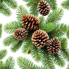 Close-up of pine cones atop lush green evergreen branches, natural texture