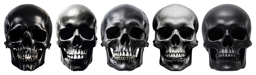 Fototapeta premium PNG Five black skulls in row, element set on transparent background