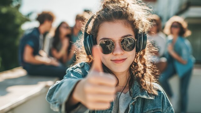 summer holidays and teenage concept  teenage girl in sunglasses and headphones hanging out with friends outside and showing thumbs up no logos no brands ar 169
