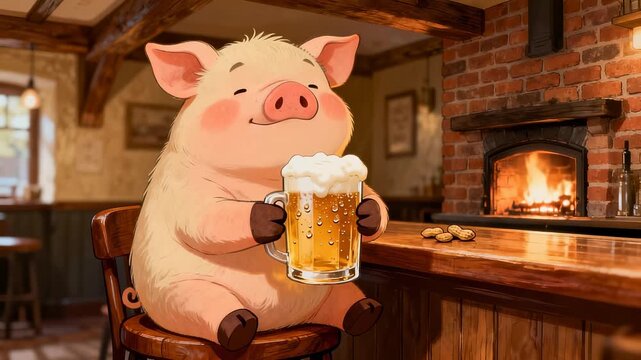 Whimsical cartoon pig seated comfortably near crackling fireplace, gripping oversized beer mug with frothy top, surrounded by rustic wooden bar interior with scattered peanuts.