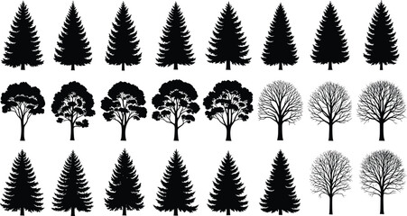 Tree, silhouette, coniferous, deciduous, seasonal, nature, forest, black and white, minimal, pine, fir, foliage, leafless, botanical, landscape, design, illustration, environment, grid, variation