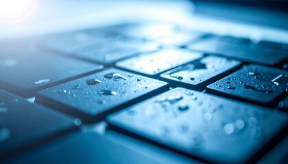 Close-up of a laptop keyboard covered in water droplets