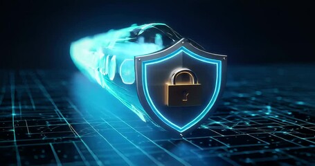 Digital shield with a padlock symbolizing cybersecurity amidst data flow - Powered by Adobe