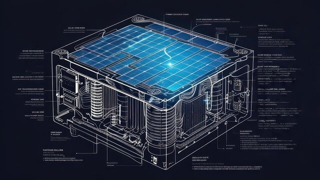 Detailed CubeSat Design Blueprint with Solar Panels and Internal Components.