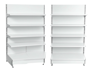 Two white, empty retail shelves, one a corner unit, against a black background
