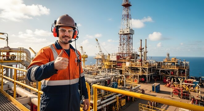 Offshore oil rig worker giving thumbs up at marine industry platform with safety gear for petroleum extraction