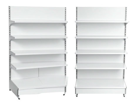 Two white, empty retail shelves, one a corner unit, against a black background