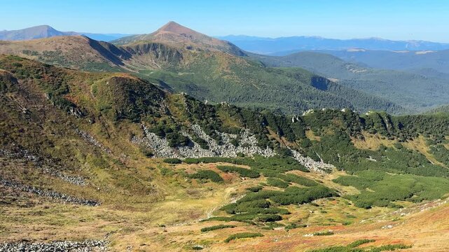 Aerial panoramic view of the carpathian mountains in ukraine during a sunny day, showcasing the stunning hoverla and petros peaks with green slopes, rocky ridges and alpine meadows