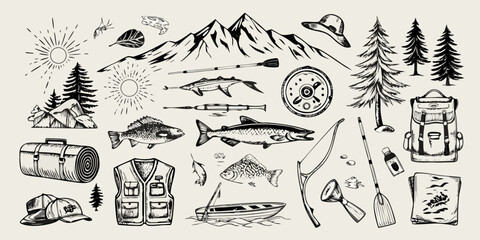 Collection of hand drawn illustrations depicting fishing and outdoor adventure elements with mountains and trees