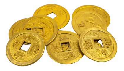 Group of golden, antique Chinese coins with square holes, intricate details