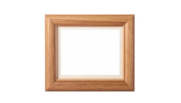 A square wooden picture frame with a white mat against a black background