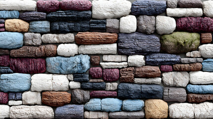 Colorful stacked stone wall, a textured surface for background and design
