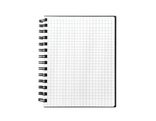 A close-up of a spiral-bound notepad with graph paper pages, isolated on black