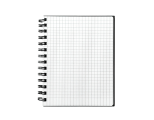 A close-up of a spiral-bound notepad with graph paper pages, isolated on black