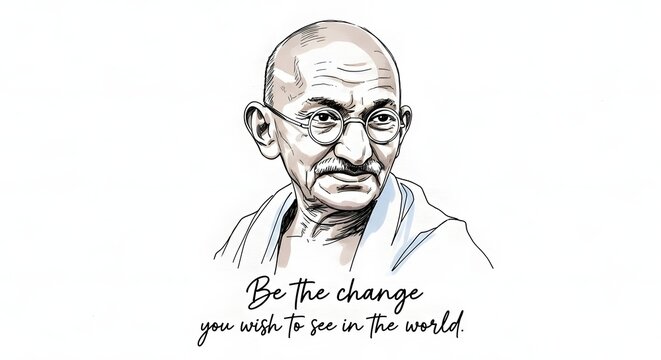 Inspirational portrait of Gandhi influential leader with quote on change and vision