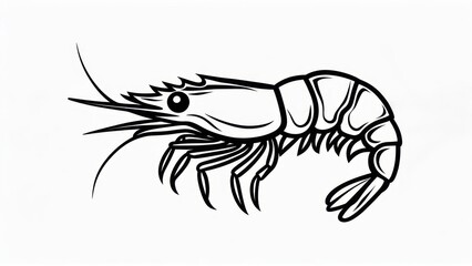 Detailed Black and White Shrimp Illustration on White Background.