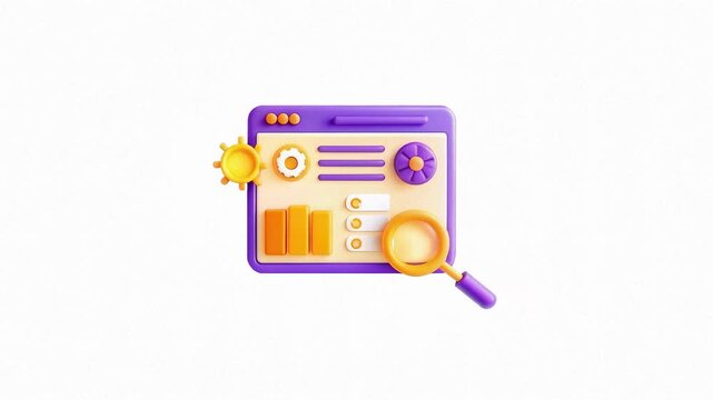 A colorful and modern web interface design featuring various UI elements like charts and a magnifying glass.