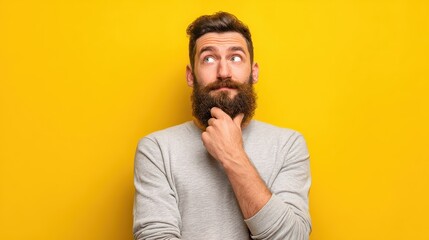 Obraz premium horizontal shot of bearded man keeps hands under chin looks thoughtfully somewhere considers better ways ponders between variants tries to make decision isolated on yellow wall blank space no logos n