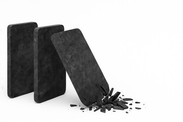 Three black domino-like structures stand, with one fallen and shattered to the right. The background is completely white, highlighting the contrast.AI generated.