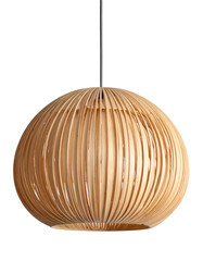 Round, wooden pendant light fixture, vertical slats, hanging from a dark, blurred background