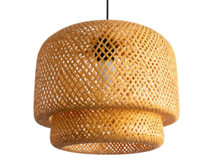 A woven, layered pendant light with a natural, warm tone against a black background