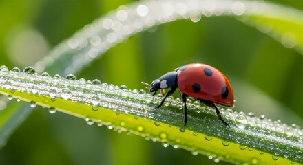 A red ladybug walking on a dew-covered grass blade in morning sunlight.