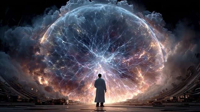 Sleek futuristic scene of a scientist observing a controlled particle collision inside a hadron collider, as vibrant glowing subatomic light trails burst outward, symbolizing fundamental physics and h