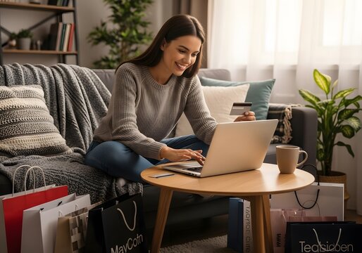 Young woman enjoying online shopping at home with laptop and credit card, surrounded by colorful shopping bags on a cozy living room sofa - Powered by Adobe